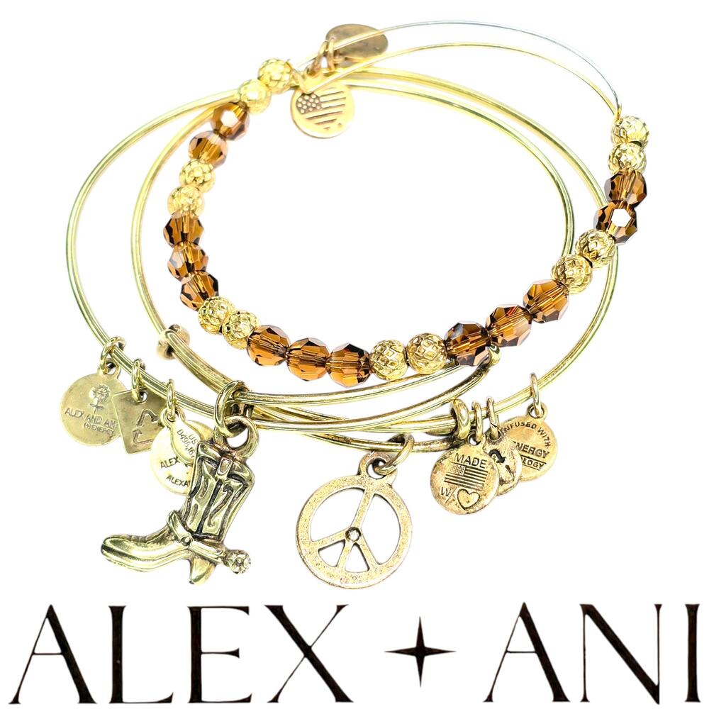 Alex and Ani Cowboy Boot Peace Sign Brown Glass Beaded Gold Tone Bangle Bracelet